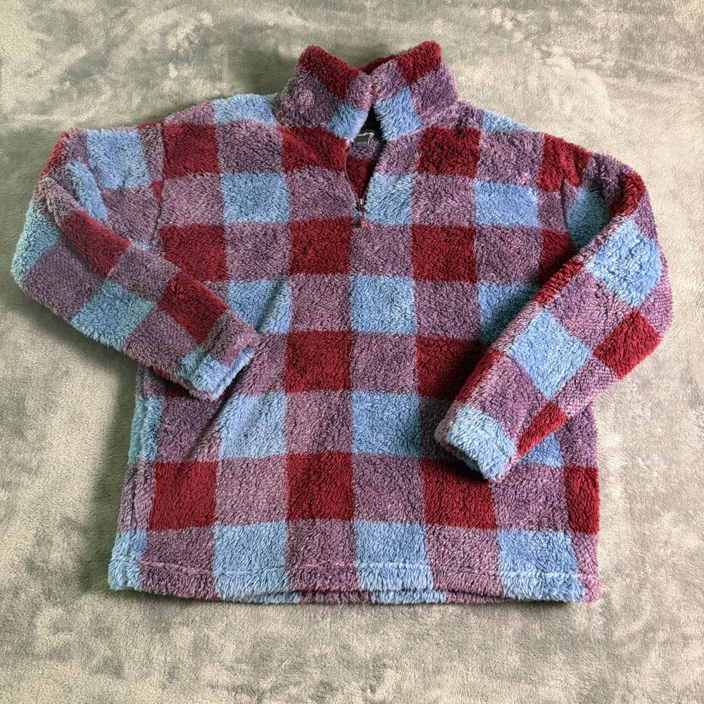 Eddie Bauer Womens Large Sherpa Fleece Quarter Zip Pullover Plaid Blue Burgundy